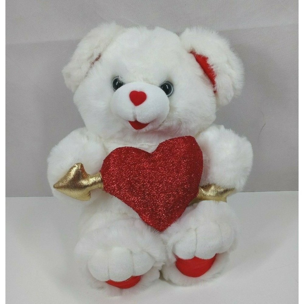 2000 Valentine's White Teddy Bear Holding Glittery Red Heart & Arrow 14" Plush